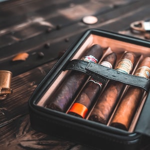 Custom Cigar Case with Lighter and Cutter - Personalized Gift for Men - Travel Humidor 4-8 Cigars