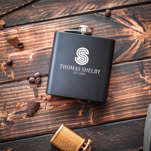Engraved Black Stainless Steel Hip Flask, Personalized Groomsmen Gift, 6oz