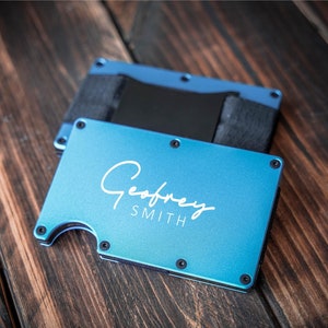 Cartera para hombre auténtica, billetera minimalista de metal con bloqueo RFID y correa para efectivo, billetera para hombre, billetera minimalista RFID, billetera delgada para hombre