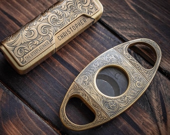 Antique Silver and Bronze Cigar Set, Personalized Cutter and Lighter Gift, Groomsmen Gift