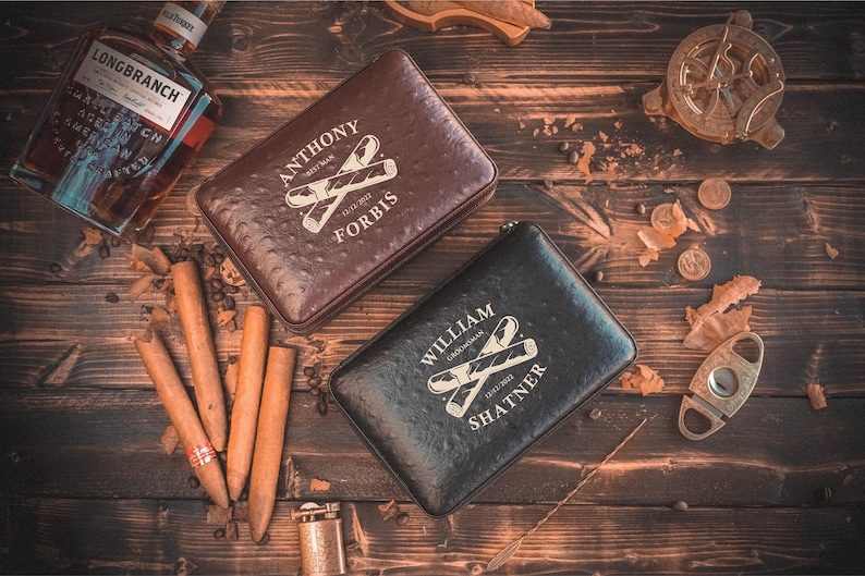 Personalized Cigar Case Gift Set for Men - Engraved Travel Humidor with Lighter and Cutter - Groomsmen Gift image 5