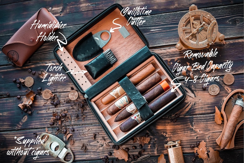 Personalized Cigar Case Gift Set for Men - Engraved Travel Humidor with Lighter and Cutter - Groomsmen Gift image 4