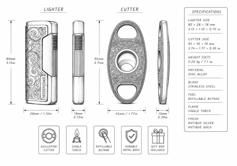 Coffret à cigares ancien en argent et bronze, coupe-cigares et briquet personnalisés, cadeau pour garçons d'honneur image 5