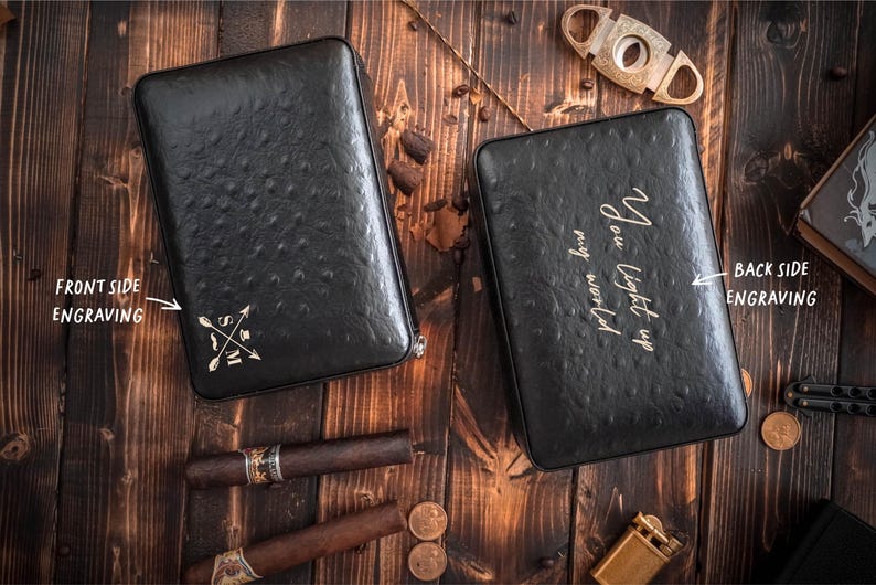 Personalized Cigar Humidor with Lighter and Cutter, Engraved Cigar Gift for Him, Father's Day Gift, Custom Cigar Room Accessory, Unique Gift image 4