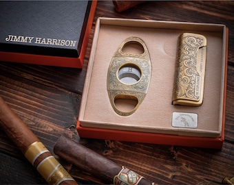 Ensemble d'accessoires pour cigares, cutter gravé et briquet torche, cadeau de retraite, cadeau de garçons d'honneur