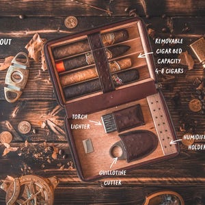 Personalized Cigar Humidor with Lighter and Cutter, Engraved Cigar Gift for Him, Father's Day Gift, Custom Cigar Room Accessory, Unique Gift image 5