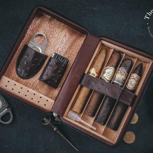 Personalized Cigar Case Gift Set for Men - Engraved Travel Humidor with Lighter and Cutter - Groomsmen Gift image 8