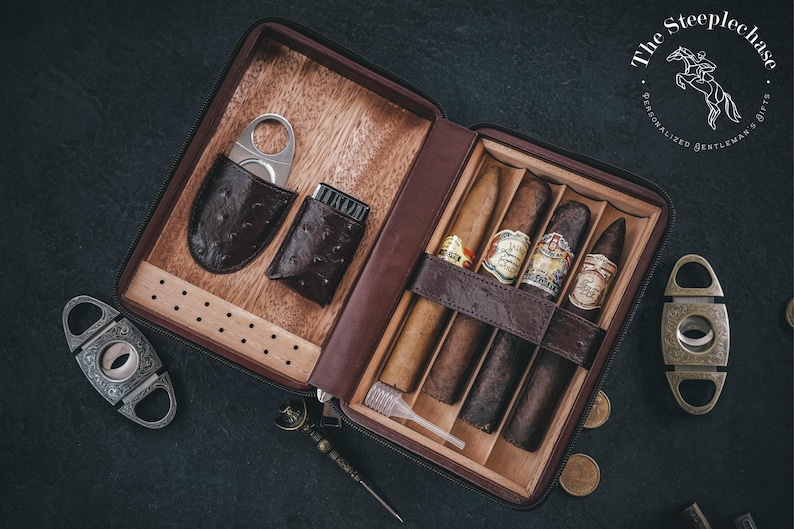 Personalized Cigar Case Gift Set for Men - Engraved Travel Humidor with Lighter and Cutter - Groomsmen Gift image 8