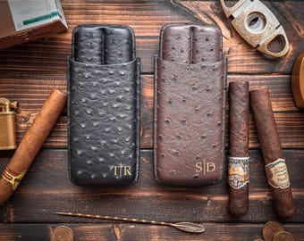 Personalized Ostrich-Style 2-Cigar Travel Case, Custom Engraved Groomsmen Cigar Gift