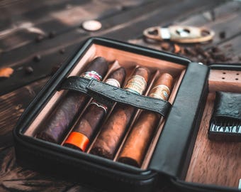 Custom Cigar Case with Lighter and Cutter - Personalized Gift for Men - Travel Humidor 4-8 Cigars