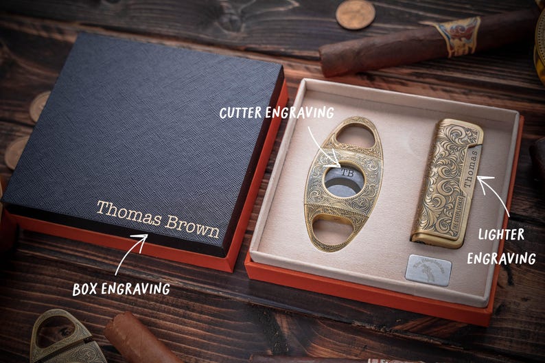Cigar Accessories Set, Engraved Cutter and Torch Lighter, Retirement Gift, Groomsmen Gift Font #1
