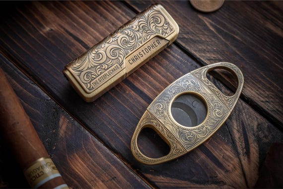 Antique Silver and Bronze Cigar Set, Personalized Cutter and Lighter Gift, Groomsmen Gift