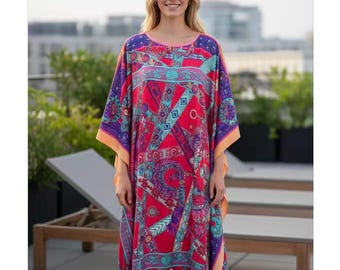 Printed Silk Crepe Kaftan Dress: Flowy Maxi Tunic, Party Wear dress.
