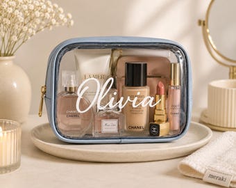 Personalized Clear Toiletry Bag, Custom Name Makeup Bag, Bridesmaid Gift, Travel Cosmetic Bag, Wedding Gift for Women, TSA Approved bag