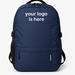 May include: Navy blue backpack with the text "your logo is here" in white. The backpack has a black handle, straps, and side pocket. The text "TRAVEL TIME" is printed vertically on the side.