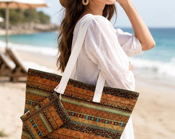 Large Beach Tote Bag: Zippered Top, Interior Pocket