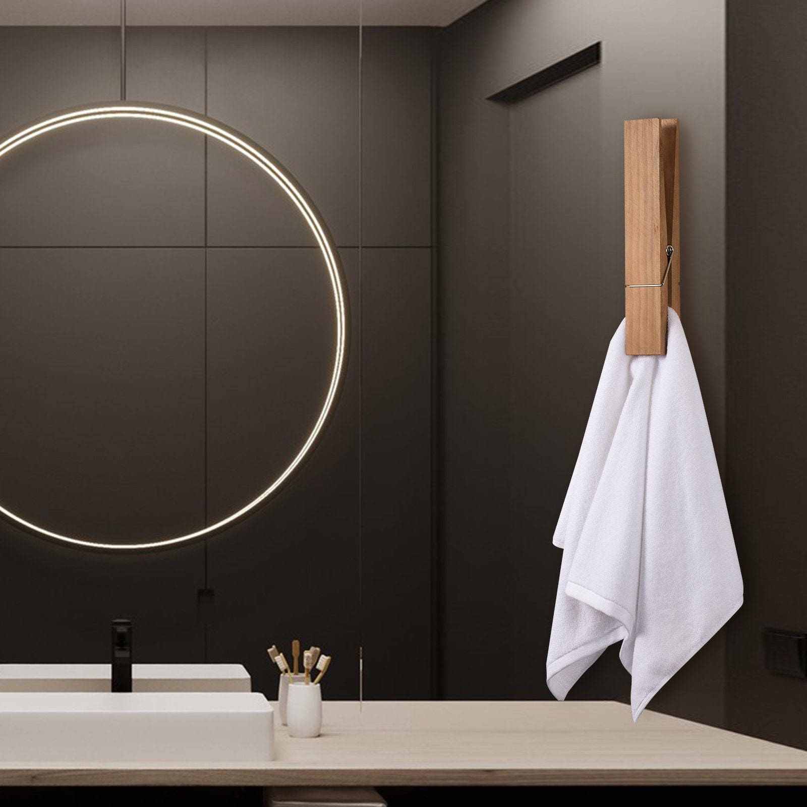 Portasciugamani A Molletta Gigante In Legno - 12 Pollici, Marrone Chiaro, Per Bagno