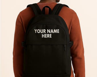 Customizable Black Backpack – Personalized Logo or Text Print, Minimalist Everyday Bag, Unisex School & Work Daypack