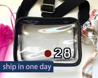 Clear Stadium Bag: Chenille Letters, Concert Purse with Strap, back-to-school clear bags