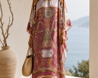 Printed Silk Crepe Kaftan Dress: Flowy Maxi Tunic, Party Wear dress.