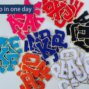 Patch de letras bordadas em chenille, letras de tecido, acabamento com glitter dourado, patches autoadesivos
