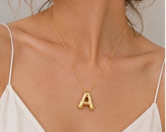 Gold Bubble Letter Necklace: Beaded Satellite Chain, Personalized Initial Pendant