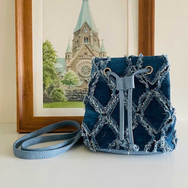 Fashion denim bag, Bucket bag, new style purse, Crossbody tassel bag, rhombus purse, mini bag, gift for her