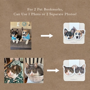 May include: Image shows two sets of pet photos transforming into pet bookmarks. The top shows two dogs, one black and white, the other brown and white, becoming bookmarks. The bottom shows two cats, one tabby, the other gray, becoming bookmarks. Text: For 2 Pet Bookmarks, Can Use 1 Photo or 2 Separate Photos!