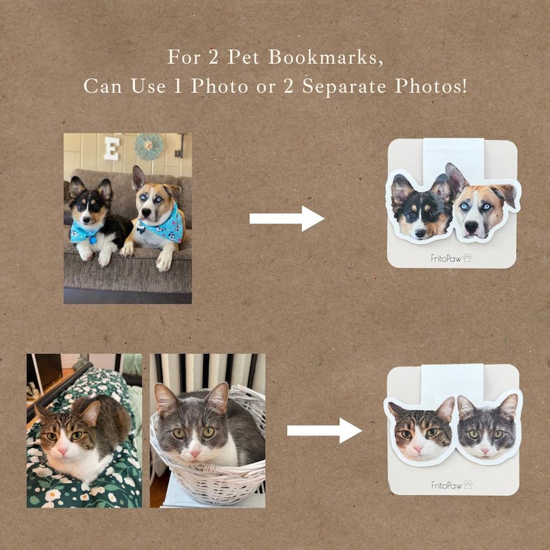 May include: Image shows two sets of pet photos transforming into pet bookmarks. The top shows two dogs, one black and white, the other brown and white, becoming bookmarks. The bottom shows two cats, one tabby, the other gray, becoming bookmarks. Text: For 2 Pet Bookmarks, Can Use 1 Photo or 2 Separate Photos!