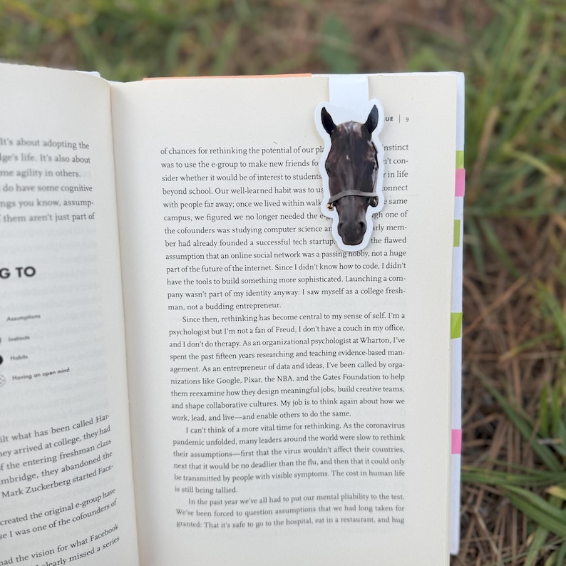May include: A bookmark featuring a horse head design. The horse is dark brown with a white background. The bookmark is inserted into a book with text visible.
