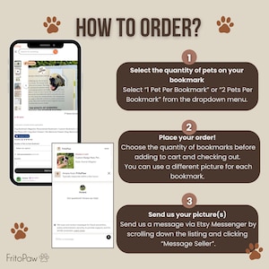 May include: A graphic with instructions on how to order a custom pet bookmark. The steps include selecting the number of pets, placing the order, and sending a picture via Etsy Messenger. The image includes a phone screen and a chat window.