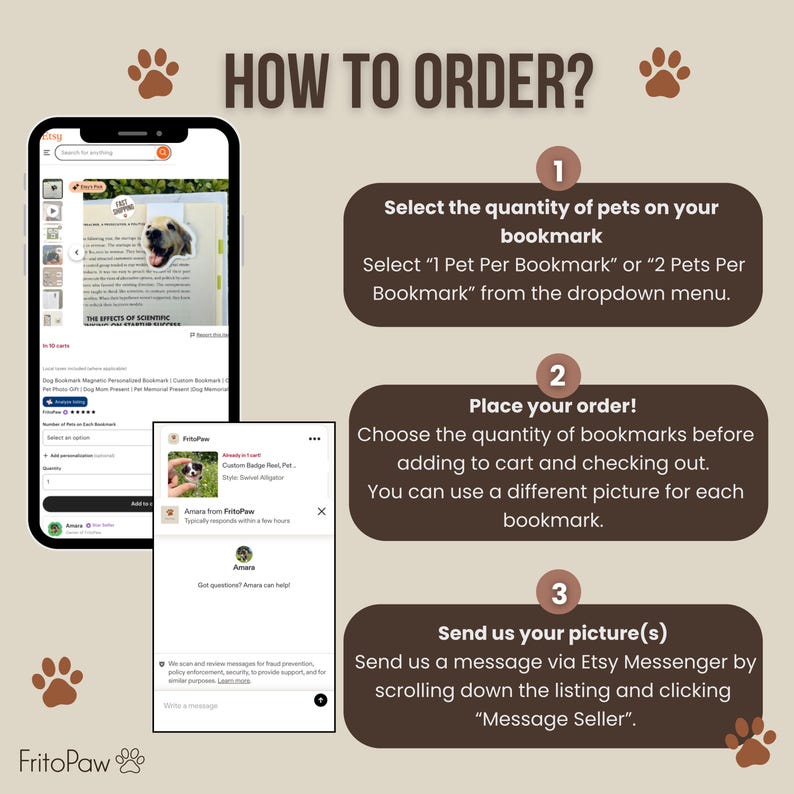 May include: A graphic with instructions on how to order a custom pet bookmark. The steps include selecting the number of pets, placing the order, and sending a picture via Etsy Messenger. The image includes a phone screen and a chat window.