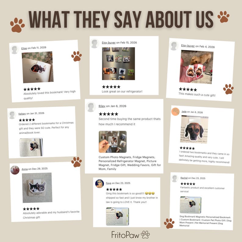 May include: A collage of customer reviews for pet-themed products, including bookmarks and magnets. The reviews feature images of the products and customer comments, with a five-star rating system. The text "WHAT THEY SAY ABOUT US" is at the top.