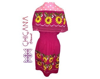 Mexican off the shoulder Embroidered dress, sunflower dress, pink sunflower embroidered dress, off the shoulder Mexican style embroidery