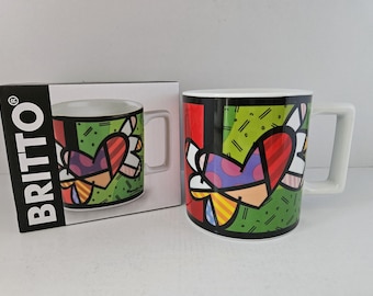 Romero Britto Tea Cup, drawing - heart. Signature and license on the back. Pop Art