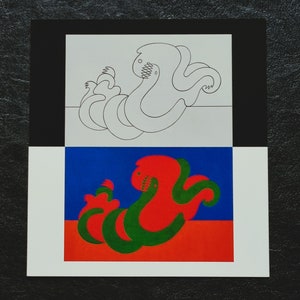 May include: A black and white line drawing of a green and red creature with a toothy grin, on a white background with a black border.