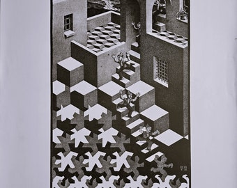 MC Escher "Circus, 1938" Vintage poster gedrukt in Nederland. Afmetingen 55 x 65 cm