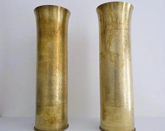 Pair of Brass Vases Made from Cannon Shells – World War I. Size 29.7cm x 9.5cm. Unique Trench Art