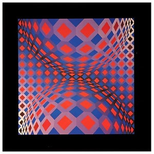 Puede incluir: Impresi&oacute;n de arte geom&eacute;trico abstracto con un patr&oacute;n repetitivo de cuadrados y rombos rojos, azules y negros. Los cuadrados y los rombos parecen estar superpuestos, creando una sensaci&oacute;n de profundidad y movimiento.