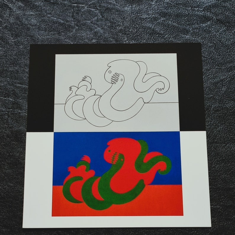 May include: A black and white line drawing of a creature with multiple arms and legs, and a red and green colored version of the same creature.