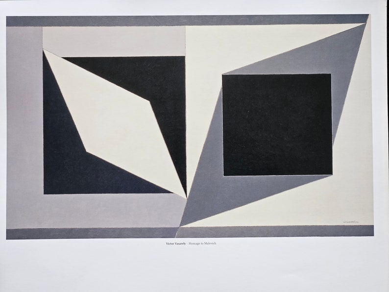 May include: Abstract geometric art print featuring a black square, white diamond, and gray shapes on a white background. The print is titled "Hommage to Malevich" by Victor Vasarely.