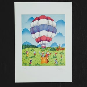 Bernhard Vercruyce &quot;Hot Air Balloon&quot; Vintage lithograph, numbered and signed Home Decor.