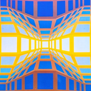 May include: Abstract geometric art print featuring a repeating pattern of yellow, blue, and white squares creating an optical illusion of a tunnel or hallway.