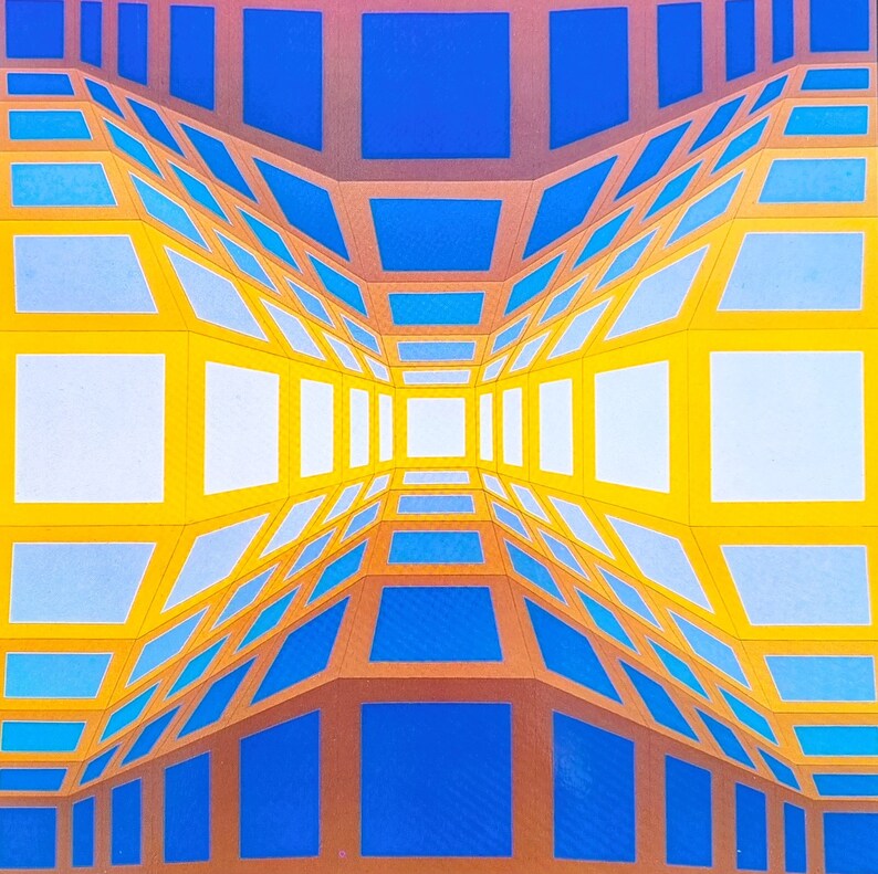 May include: Abstract geometric art print featuring a repeating pattern of yellow, blue, and white squares creating an optical illusion of a tunnel or hallway.