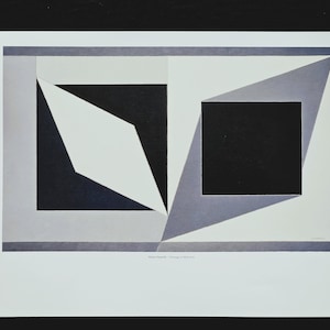 May include: A black and white geometric abstract art print with a gray border. The print features overlapping squares and triangles in shades of gray, black, and white. The text "Josef Albers, Homage to the Square" is printed below the image.