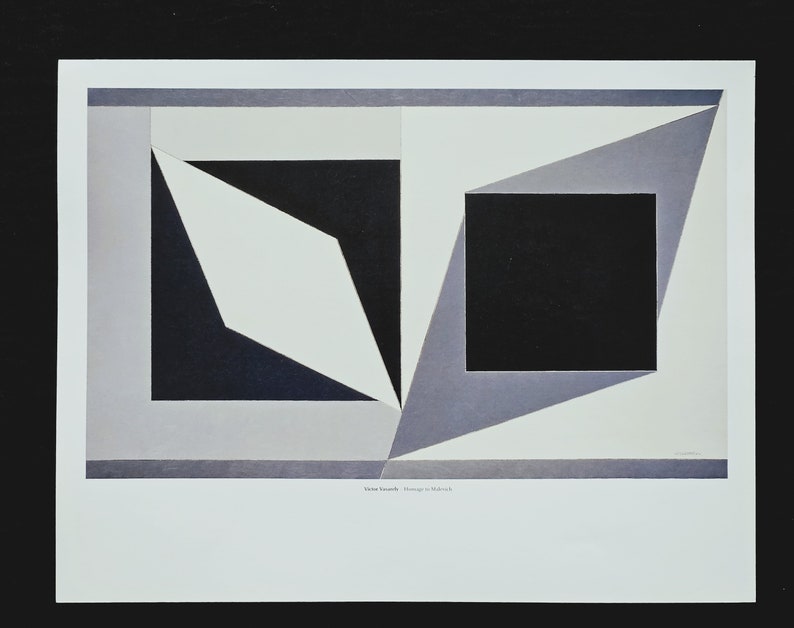 May include: A black and white geometric abstract art print with a gray border. The print features overlapping squares and triangles in shades of gray, black, and white. The text "Josef Albers, Homage to the Square" is printed below the image.