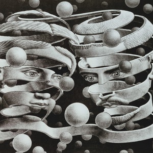 Könnte beinhalten: Eine Schwarzweißillustration von zwei Gesichtern, jedes mit einer Spirale aus überlappenden Schichten, die ein Gefühl von Tiefe und Illusion erzeugen. Die Gesichter sind von einem Feld kleiner, runder Formen umgeben.