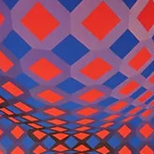 Puede incluir: Patr&oacute;n geom&eacute;trico abstracto con un dise&ntilde;o repetitivo de diamantes rojos y azules. Los diamantes est&aacute;n dispuestos en una cuadr&iacute;cula y los colores son vibrantes y audaces.