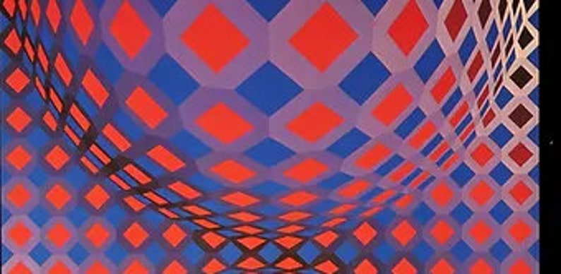 Puede incluir: Patr&oacute;n geom&eacute;trico abstracto con un dise&ntilde;o repetitivo de diamantes rojos y azules. Los diamantes est&aacute;n dispuestos en una cuadr&iacute;cula y los colores son vibrantes y audaces.