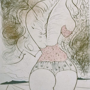 May include: A black and white line drawing of a woman's body with a pink and black patterned bodice and a black and white patterned skirt. The woman is standing with her back to the viewer and her arms are raised above her head. The drawing is set against a background of swirling lines.